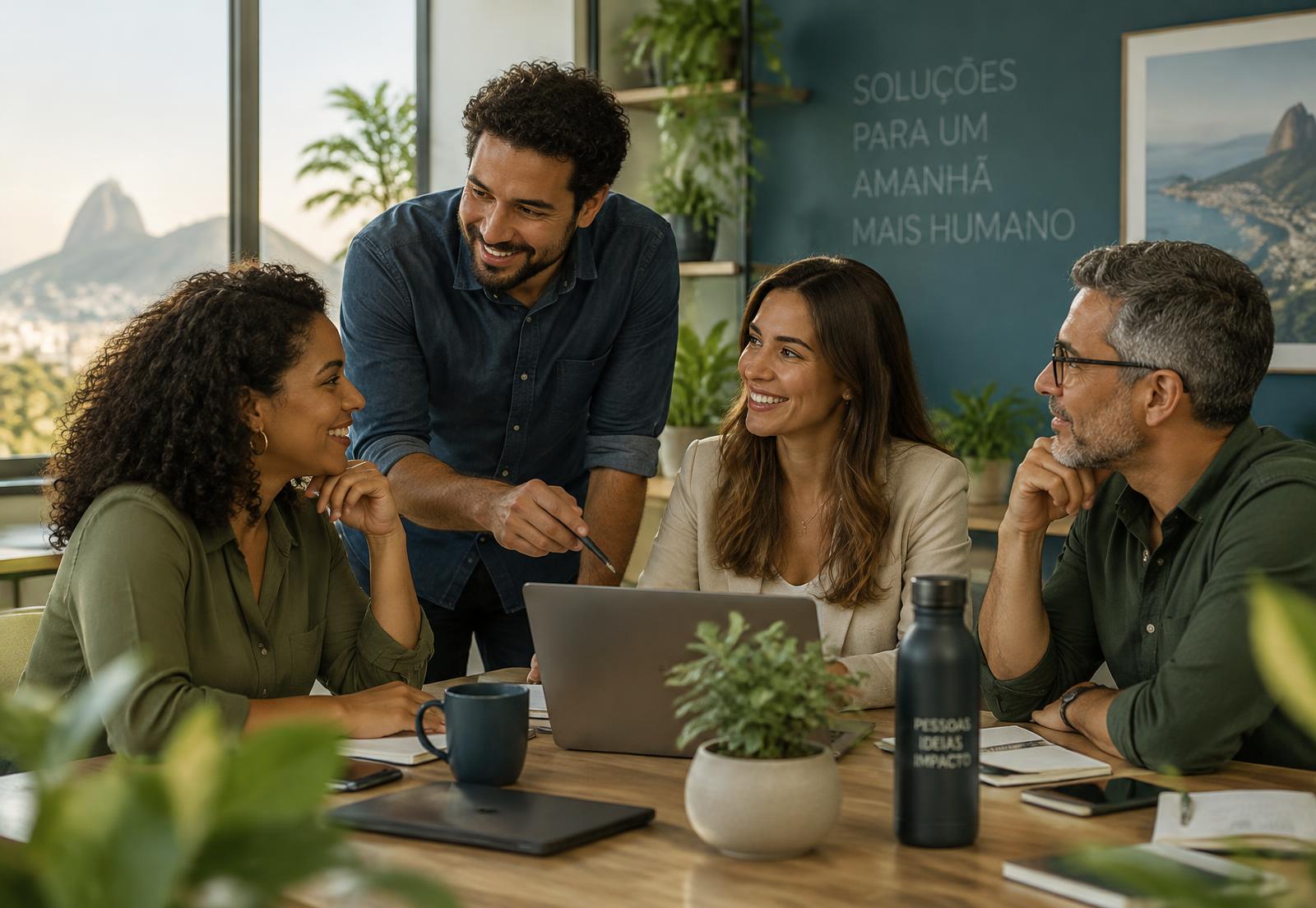 Equipe reunida conversando em um escritório com plantas
